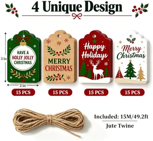 Christmas Gift Tags - 60 PCS Gift Tags for Christmas Presents with String