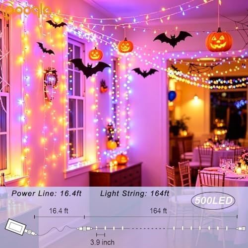 Pooqla 500 LED String Lights Indoor Outdoor, 164 ft Orange and Purple Halloween Lights Plug in with Timer, Connectable 8 Modes Waterproof Clear Wire Twinkle Fairy Lights for Halloween Decor
