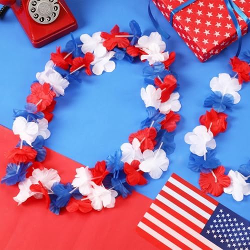 JUNEBRUSHS 24Pcs Patriotic Red White and Blue Leis 4th of July Accessories