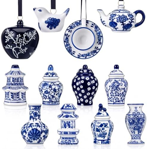 Peryiter 12 Pieces White Blue Christmas Ornaments Chinoiserie Porcelain Christmas Ornaments Mini Ginger Jar for Xmas Tree Decoration(Stylish)
