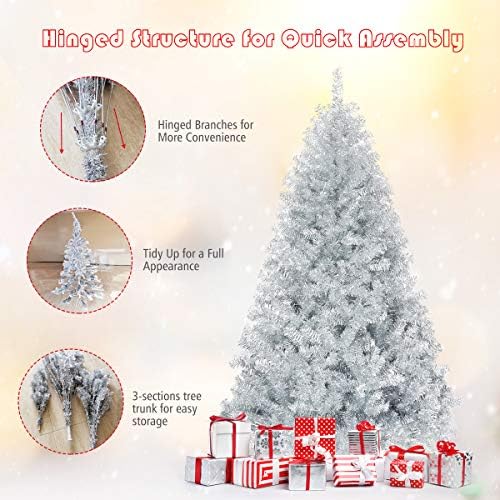 Happygrill 6FT Silver Christmas Tree Artificial Hinged Tinsel Xmas Tree with Metal Stand, 1036 Branch Tips, Holiday Decoration Tree for Indoor and Outdoor