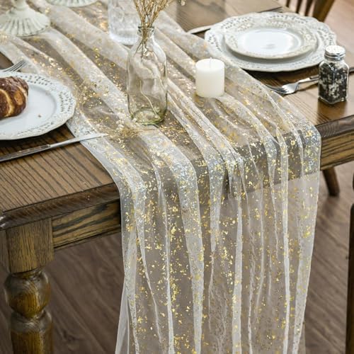 Artoid Mode 2-Pack Beige Gold Gauze Table Runner 10FT, Glitter Metallic Foil Sheer Dining Wedding Anniversary Holiday Birthday Table Decor for Home Party