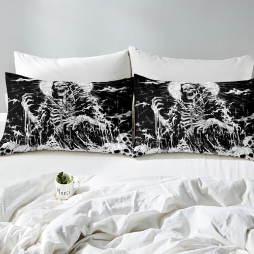 Skeleton Bed Sheet Queen Size Black White Sheets Sets Adults Bedroom Decor Gothic Skull Microfiber Bedding Set with Flat,Fitted Sheet,2 Pillow Cases