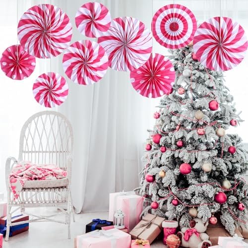 Outus 9 Pcs Christmas Hanging Decorations Peppermint Paper Fans Pink