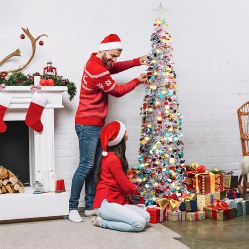 HISFFOG 5FT Pop Up Christmas Tinsel Tree with 8 Rmote Lights Modes - Collapsible Colorful Sequin Artificial Christmas Pencil Trees Decorations for Home Apartment Party Fireplace Indoor Outdoor