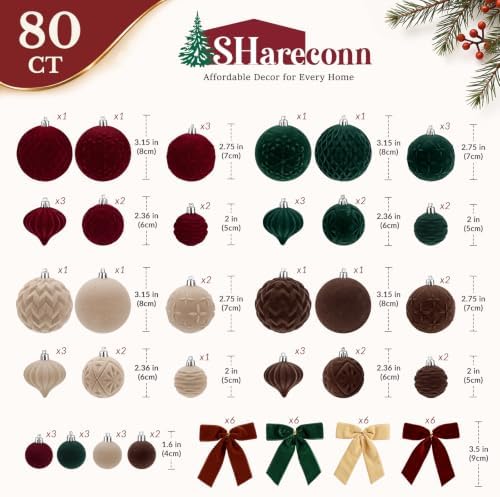 SHareconn 80pcs Velvet Christmas Tree Balls Ornaments Set Decorations Red