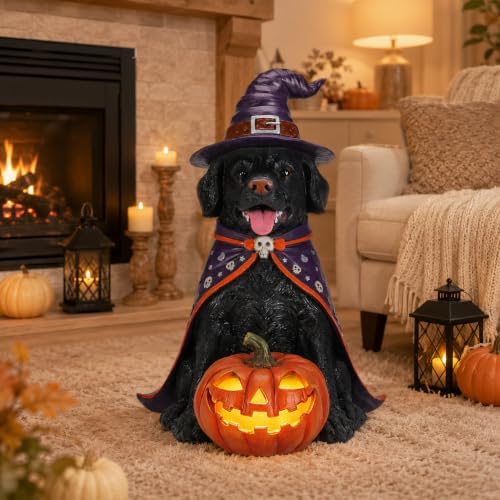 Halloween Large Labrador Statue with Glowing Pumpkin, Entrance Decor