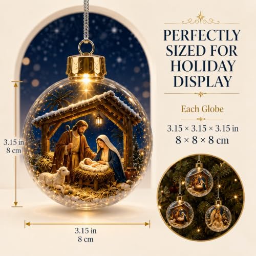 9 Pack Lighted Christian Christmas Ball Ornaments with Flat Acrylic Inserts