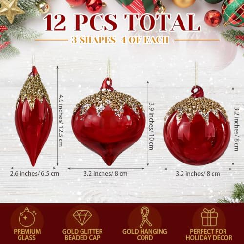 Yerliker 12 Pcs Red Christmas Glass Ball Ornaments Xmas Hanging Decoration