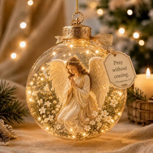 8PC Illuminated Scripture Keepsake Ornament, Lighted Hanging Decoration with Bible Verse, Religious Themed Holiday Ornament, Transparant Ball with 2D Flat Sheet for Christmas Tree Home Display，A-H