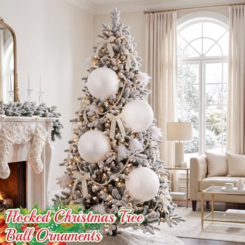 Zubebe 8 Inch 4 Pack Glitter White Christmas Ball Ornaments, Plastic Hanging Ornaments for Tree Decorations, Large Hanging Holiday Baubles for Christmas Tree Winter Party Wedding Home Decor
