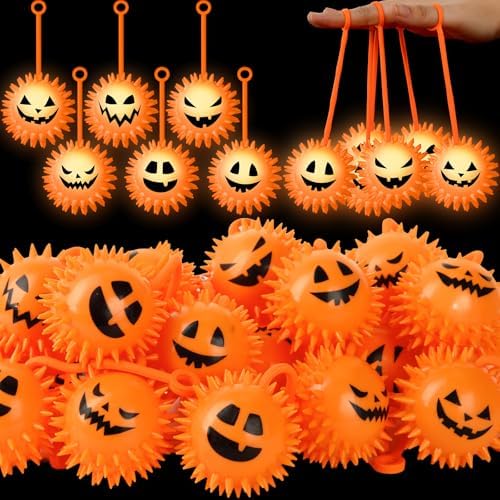 Sotiff 60 Pcs LED Halloween Bouncy Balls Spiky Squeaky Stress, Pumpkin