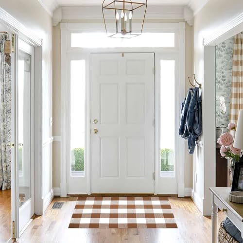 Homydecor Buffalo Plaid Outdoor Rugs, 24'' x 51'' Coffe and White Checkered Area Rug, Layering Rug for Hello/Welcome Door Mat, Washable Cotton Woven Farmhouse Mat for Front Porch Décor