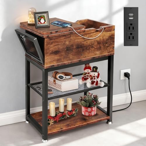 End Table with Charging Station, Flip Top Table with 8.4" Super Deep Drawer