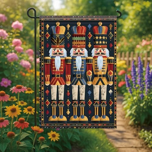 Nutcracker Garden Flag 12x18 Double Sided - Vintage Christmas Garden Flag Outside Decoration, Watercolor Oil Painting Style Holiday Yard Banner for Winter Lawn Porch Decor, Chinoiserie Festive Gift