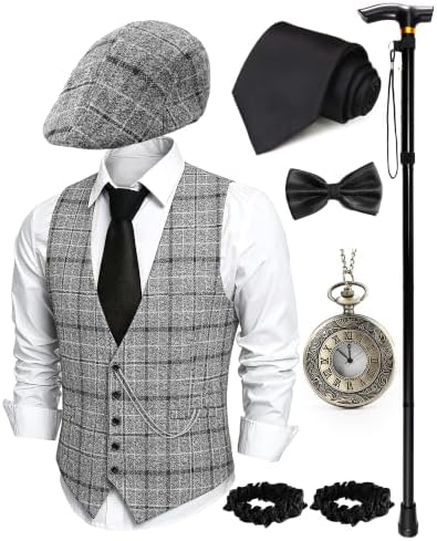 1920s Mens Costume, Roaring 20s Costumes for Men 1920s Mens Outfit with Walking Cane Vest Hat 1920 Mens Accessories