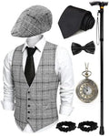 1920s Mens Costume, Roaring 20s Costumes for Men 1920s Mens Outfit with Walking Cane Vest Hat 1920 Mens Accessories