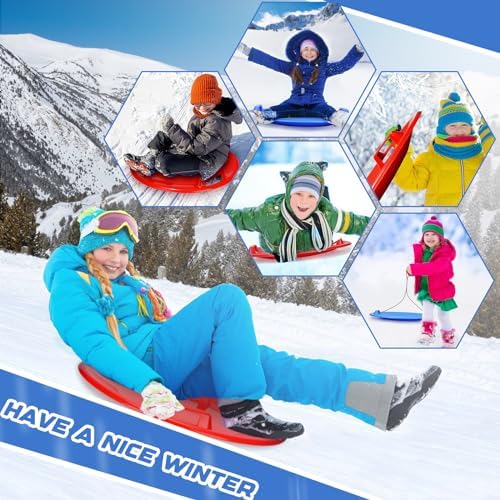 Lenwen 23.6 Inch Winter Snow Sleds with Handles Heavy Duty Outdoor Round Plastic Snow Saucer Sled Downhill Saucer for Kids Adults Cold Weather Sport