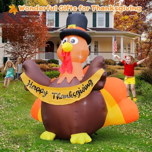 FunFanso Thanksgiving Inflatables Turkey Outdoor Decorations with Built-in LED Lights, 4.5 FT Tall Blow Up Turkey with Pilgrim Hat and Colorful Tail for Lawn Yard Garden Party House Holiday Decor