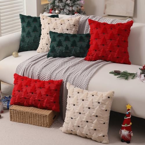Allorry Christmas Pillow Covers 16x16 inch Set of 2 Christmas Decorations Soft Plush Faux Fur Wool Red Christmas Tree Throw Pillow Cases Winter Holiday Decor for Sofa Living Room PT002B16