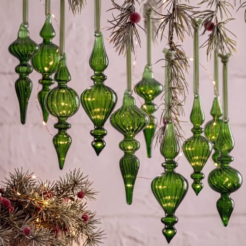 12 Pcs Vintage Glass Finial Christmas Ornaments, Green
