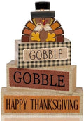 Lineshading 4 Pcs Thanksgiving Table Decor, Gobble Turkey Wooden Block Sign