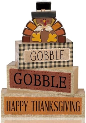Lineshading 4 Pcs Thanksgiving Table Decor, Gobble Turkey Wooden Block Sign