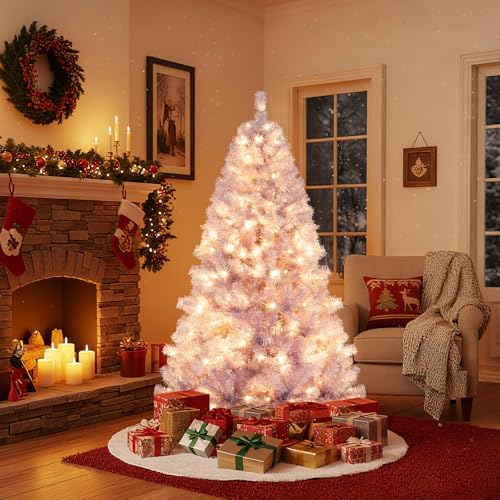HAPPYGRILL 6 FT Pre-lit Tinsel Christmas Tree Artificial Xmas Tree with 250 LED Lights, 8 Modes, 688 Lavender Purple Branch Tips, Folding Metal Stand, Seasonal Holiday Tree for Home Office Party