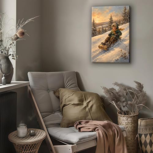 Boy Sledding in Winter Framed Canvas Wall Art, Holiday Snow Scene Decor
