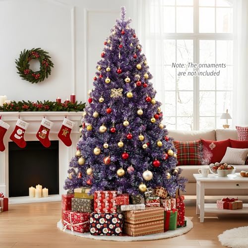 HAPPYGRILL 7.5 FT Pre-lit Tinsel Christmas Tree Artificial Xmas Tree with 550 LED Lights, 8 Modes, 1300 Deep Purple Branch Tips, Folding Metal Stand, Seasonal Holiday Tree for Home Office Party
