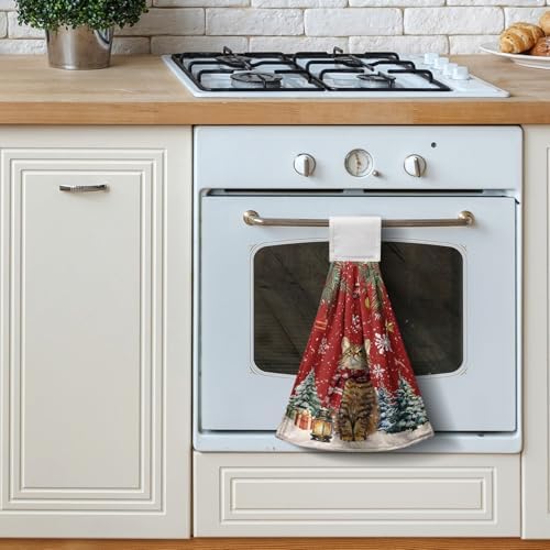 2 Pcs Red Xmas Cat Hanging Kitchen Towels with Loop Cute Kitten Snowflakes Winter Holiday Kitchen Tie Towels Fast Drying Dish Towel Soft Absorbent Hand Towel for Farmhouse Bathroom Decor