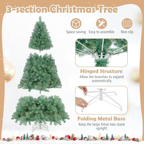 HAPPYGRILL 6 FT Pre-lit Tinsel Christmas Tree Artificial Xmas Tree with 250 LED Lights, 8 Modes, 688 Fruit Green Branch Tips, Folding Metal Stand, Seasonal Holiday Tree for Home Office Party