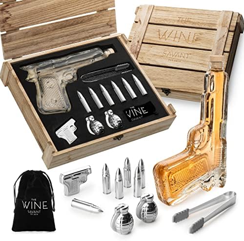 Bullet Whiskey Stones with Vintage Wooden Case, 9oz Gun Decanter, Stainless Steel Ice Cubes Chilling Bullets, Grenades, Pistol, Tongs, Velvet Bag Whiskey Gift Set for Men, Dad, Husband, Boyfriend Cool