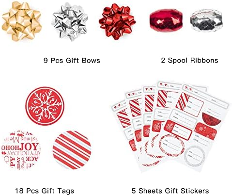 WRAPAHOLIC Christmas Wrapping Paper Set - Red and White Metallic Foil Shine Christmas Wrapping Paper Bundle with Gift Bow & Ribbon & Tag & Sticker