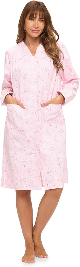 Casual Nights Women's Floral Snap Front Flannel Duster Long Sleeve Lounger Dress