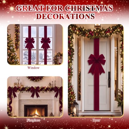 Daifunli 6 Pcs Dark Red Velvet Christmas Cabinet Bows Ribbons for Kitchen