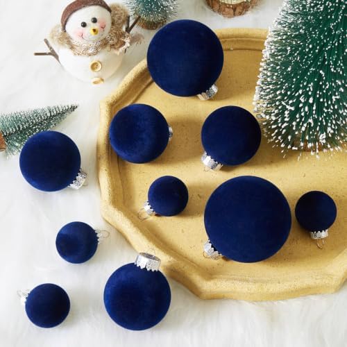 Navy Blue Velvet Christmas Ball Ornaments-46pcs Flocked Tree Decorations