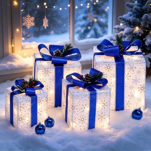 Set of 4 Christmas Lighted Gift Boxes, Light Up Blue Present Boxes