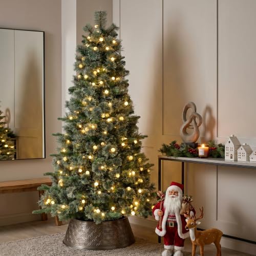 Glitzhome Prelit Christmas Tree, 6ft Artificial Small Christmas Tree Charming Cashmere Slim Pine with 250 Warm White and Multi-Color Globe LED Lights, 9 Function w/Foot Pedal and Remote Control