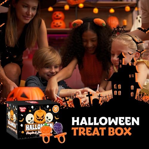90 Pack Halloween Ring Candy - Individually Wrapped Holiday Themed Pumpkin And Skull Lollipops – Trick Or Treat Strawberry And Tutti Frutti Delicious Candys - Bulk Halloween Suckers Great Use, For Kids, Party Favor, Classrooms, Goodie Bags