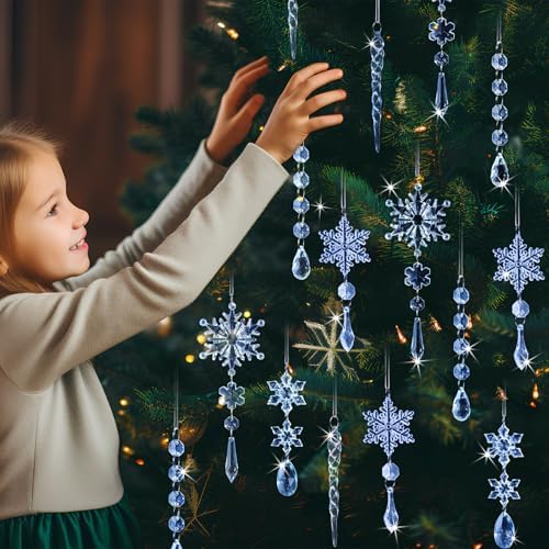 GuassLee 36pcs Crystal Christmas Tree Ornaments - Blue Acrylic Snowflake Icicle Drop Crystal Hanging Ornaments for Christmas Tree Wonderland Frozen Themed Birthday Party Decor