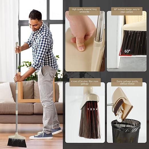 Stainless Steel & Plastic Broom Brush with Dustpan Combo Set,Premium 180° Rotating Removable Brush with Extendable Long Handle, Upright and Lightweight Floor Cleaning for Home Room Office Lobby