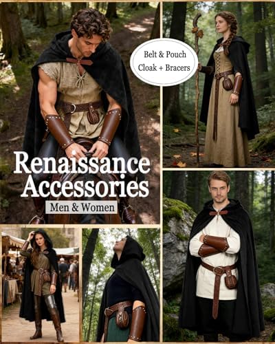 kasahara Renaissance Hooded Cloak Medieval Costume Accessories for Men Women Halloween Costume Cape Belt Pouch Bracers