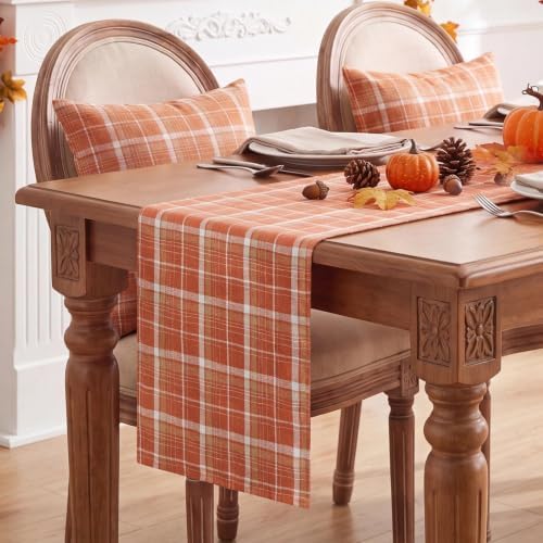 Softalker Fall Checkered Tartan Table Runner, Orange, 13 x 70 Inch