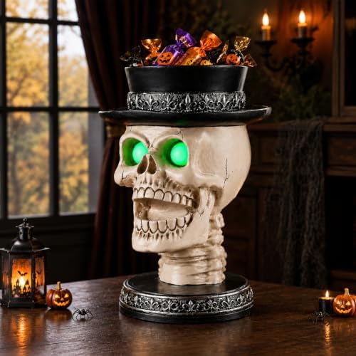 Halloween Candle Holder with Glowing Green Eyes - Gothic Skeleton Statue
