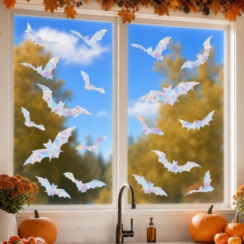Halloween Bat Rainbow Window Clings, 26 Bats Suncatcher Sticker Decorations