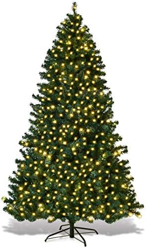 HAPPYGRILL 7FT Pre-lit Christmas Tree Artificial Hinged Xmas Tree for Home Holiday Décor Metal Stand PVC Material 300 LED Lights 1096 Branches Easy Setup & Storage