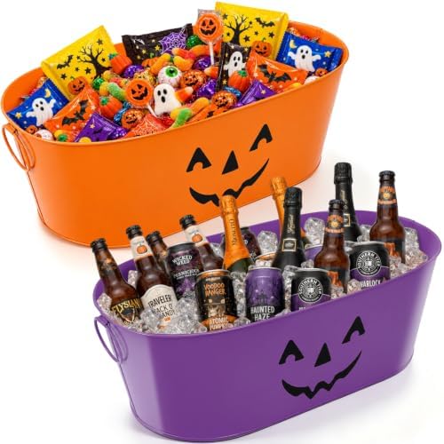 2Pcs 5.5 Gal Halloween Galvanized Beverage Ice Buckets,Halloween Candy Bowl