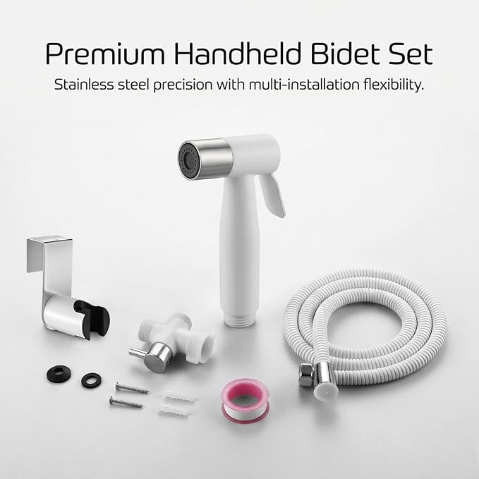 BARROCK Handheld Bidet Sprayer for Toilet, Stainless Steel Metal Made Baby Cloth Diaper Spraying Kit, Bathroom Toilet Bidet Attachment Set for Bathing Pets and Feminine Hygiene, Chrome and White