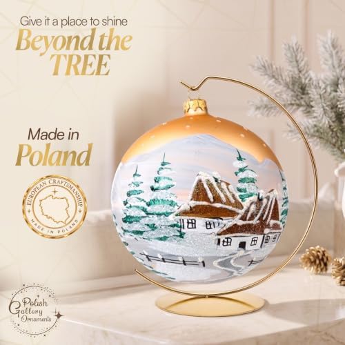 Hand Blown Glass Christmas Ornaments Ball, Cottage Gold 6 in + Stand